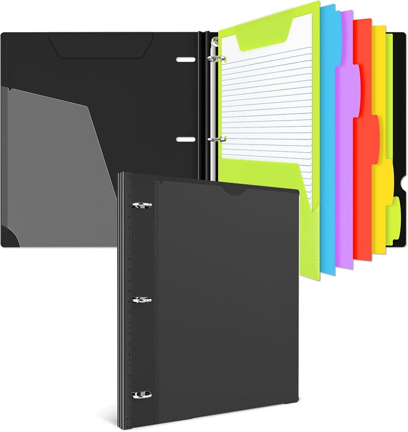 INFUN All-in-one Telescoping Binder Notebook, Refillable 3 Ring Notebook Binder with 1 Plastic Movable Pocket Folder,5 Plastic Subject dividers and Graph Paper and College Ruled Paper- Black - Image 1