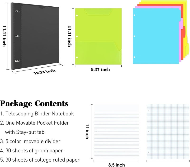INFUN All-in-one Telescoping Binder Notebook, Refillable 3 Ring Notebook Binder with 1 Plastic Movable Pocket Folder,5 Plastic Subject dividers and Graph Paper and College Ruled Paper- Black - Image 2