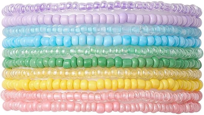 أساور ممتدة من خرز البذور الزجاجية، 10 قطع، ألوان قوس قزح باستيل، مجموعة أساور نسائية قابلة للتكديس