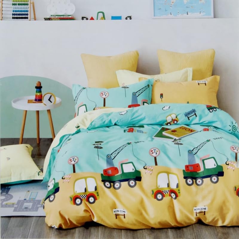 CLICKCART Glace Cotton Skin Friendly Prime Collection Ultrasoft Cartoon Print for Kids Flat Double Bedsheet with 2 Pillow Covers Multicolour 90 x 100 Inch Firoji Yellow Work Zone Kidzee2  - Image 1