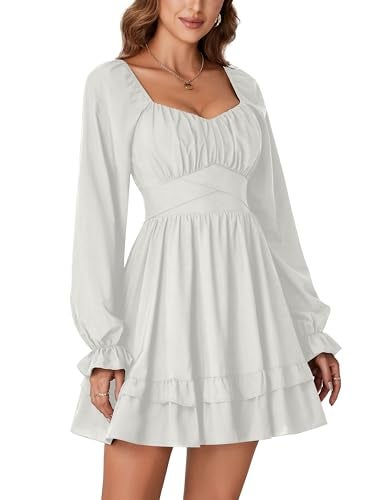 KIFOVEN Women's Lantern Long Sleeve Smocked Wrap Tiered Ruffle Flowy A Line Short Mini Dress Beige Small - Image 4