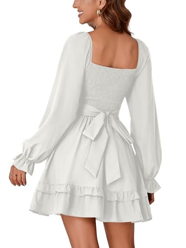 KIFOVEN Women's Lantern Long Sleeve Smocked Wrap Tiered Ruffle Flowy A Line Short Mini Dress Beige Small - Image 5
