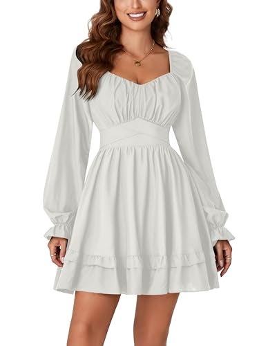 KIFOVEN Women's Lantern Long Sleeve Smocked Wrap Tiered Ruffle Flowy A Line Short Mini Dress Beige Small - Image 2