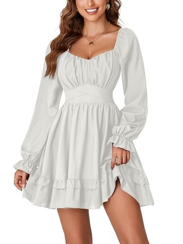 KIFOVEN Women's Lantern Long Sleeve Smocked Wrap Tiered Ruffle Flowy A Line Short Mini Dress Beige Small - Image 1