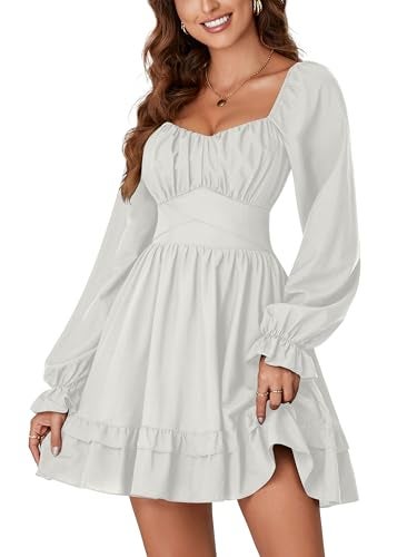 KIFOVEN Women's Lantern Long Sleeve Smocked Wrap Tiered Ruffle Flowy A Line Short Mini Dress Beige Small - Image 3