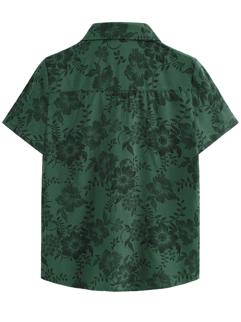 JOTOOK Boys Hawaiian Shirt Short Sleeve Button Down Shirt Casual Floral Tropical Beach Shirts 6-14 Years 10 Green Flower - Image 4