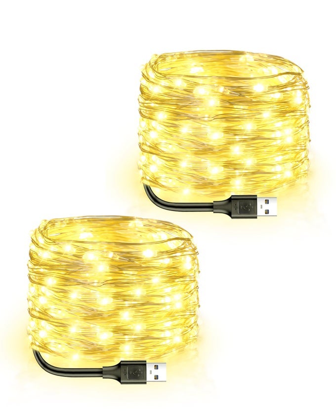 USB POWERED FAIRY LIGHTS 2 PACK 33FT 100 LED FLEXIBLE SILVER WIRE MINI STRING LIGHTS FOR CHRISTMAS TREEBEDROOMCAMPINGHOLIDAY INDOOR DECORATION WARM WHITE