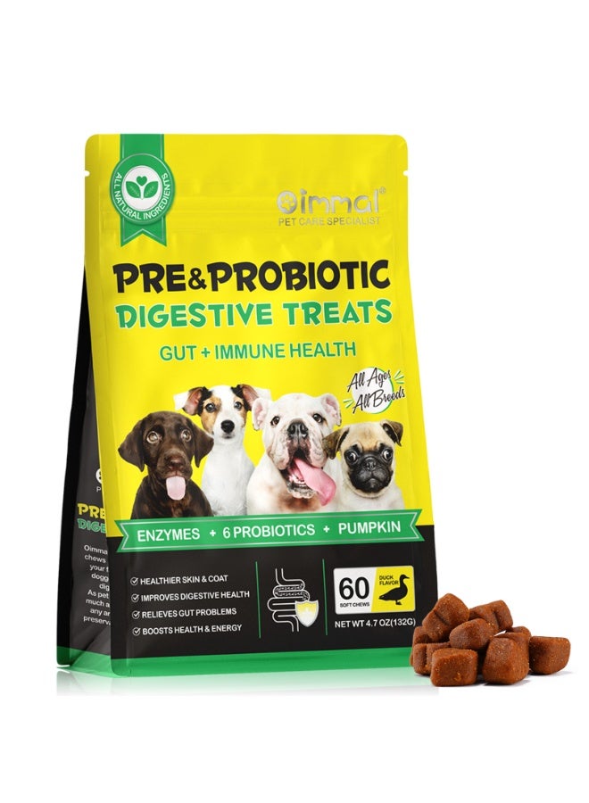 60Pcs Probiotics for Dogs 132G, Pre & Probiotic Digestive Treats for Dog with Pumpkin and Flaxseed Powder Support Gut Health, Itchy Ears, Dog Probiotics Treats for All Dogs 60 Soft Chews / Duck Flavor