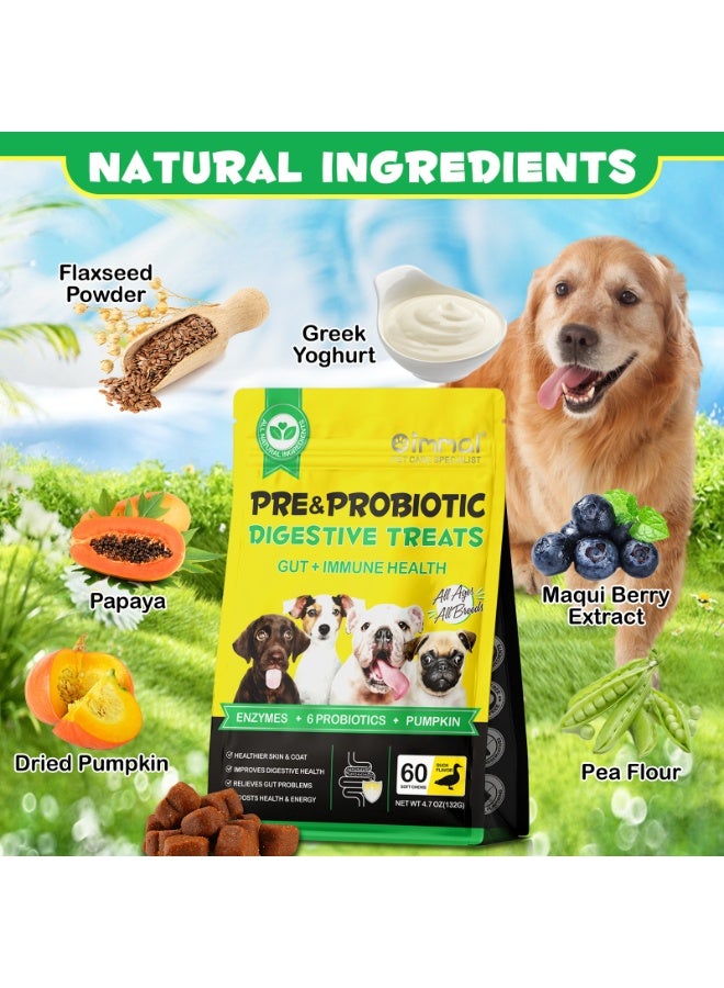 Oimmal 60Pcs Probiotics for Dogs 132G, Pre & Probiotic Digestive Treats for Dog with Pumpkin and Flaxseed Powder Support Gut Health, Itchy Ears, Dog Probiotics Treats for All Dogs 60 Soft Chews / Duck Flavor - Image 2