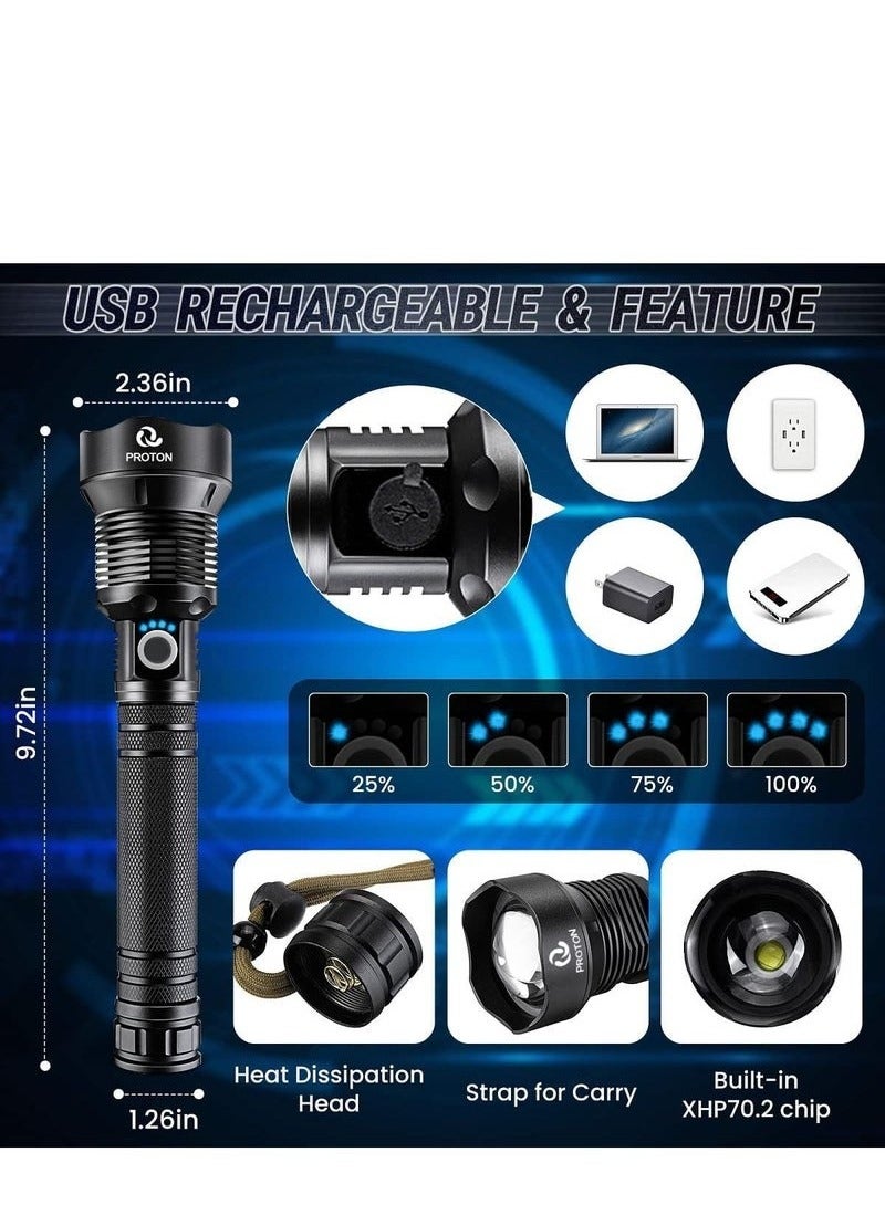 PROTON Super Bright Rechargeable LED Flashlights, 90000 Lumens XHP70.2 Tactical Flashlight, 10000mAh Parallel Battery, Zoomable&IPX5 Waterproof - Image 4