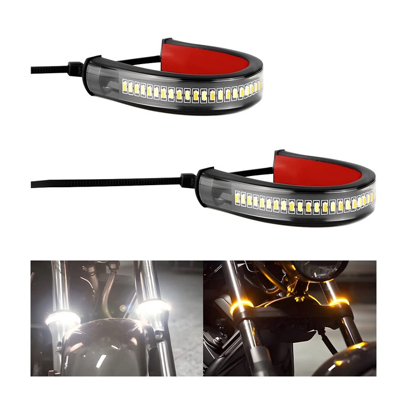 zipelo 2PCS Motorcycle LED Turn Signal Light, Flexible Switchback Dual-Color White & Amber Fork Turn Signal Blinkers, DRL Daytime Running Light Waterproof Adjustable Strips Bars for Motorbike - Image 1