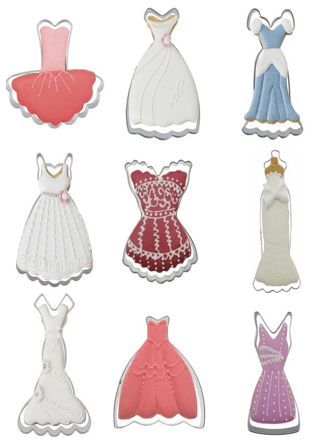 Comais Mini Dress Cookie Cutter Set of 9 pcs, Stainless Steel Mini ONE-BITE SIZE Wedding Dress Shaped Fondant Cutters Baking Molds - Image 1