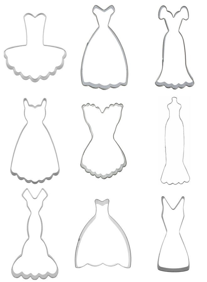 Comais Mini Dress Cookie Cutter Set of 9 pcs, Stainless Steel Mini ONE-BITE SIZE Wedding Dress Shaped Fondant Cutters Baking Molds - Image 2