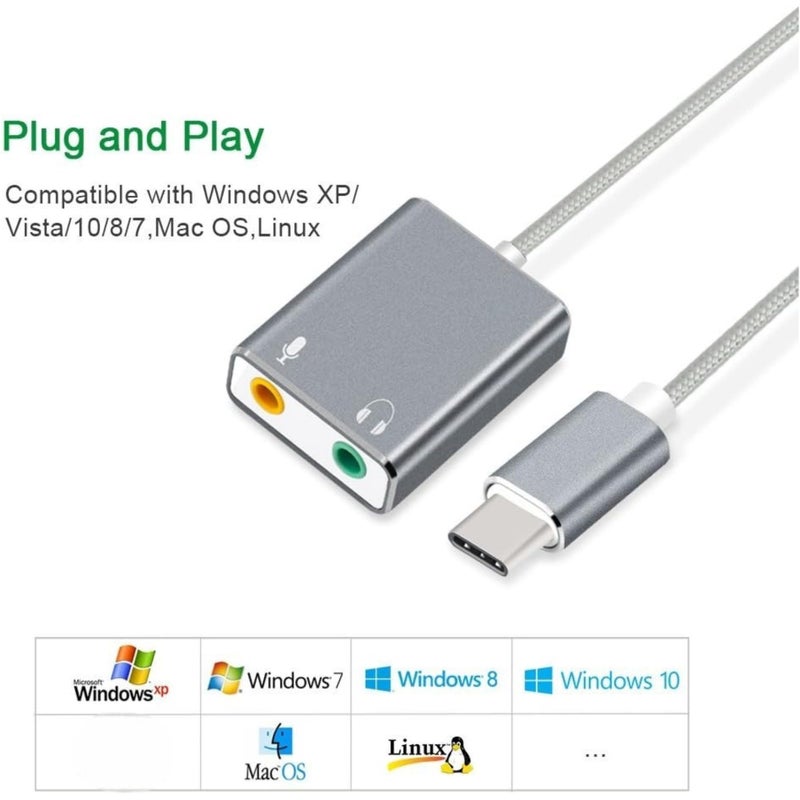 Sound Card USB Type C Virtual Surround Sound Audio Adapter with 3.5mm Aux Headphone and Microphone Jack HIFI Magic Voice for Laptop Desktop, Android Black - Image 3