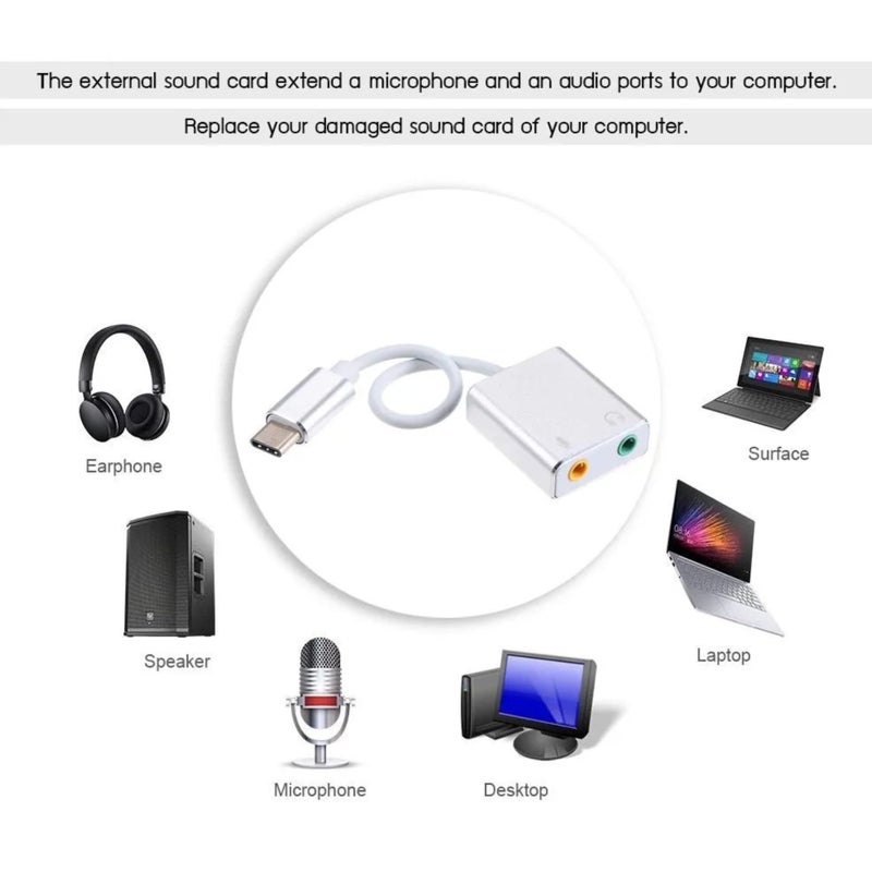 Sound Card USB Type C Virtual Surround Sound Audio Adapter with 3.5mm Aux Headphone and Microphone Jack HIFI Magic Voice for Laptop Desktop, Android Black - Image 2