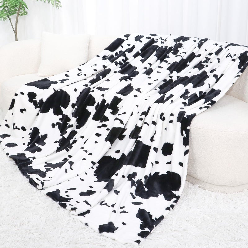 Cow Print Blanket Twin Size  Soft Fleece Throw for Couch Sofa Bed Travel  Camping  Lightweight Black  White Cozy Blanket 60x80