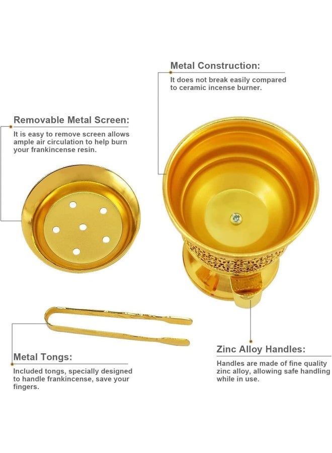 SAQOWARE Saqoware Premium Metal Frankincense Resin Incense Burner, Incense Burner, Bakhoor Burner, Burner with Tongs for Yoga, Spa Aromatherapy (Gold) - Image 2