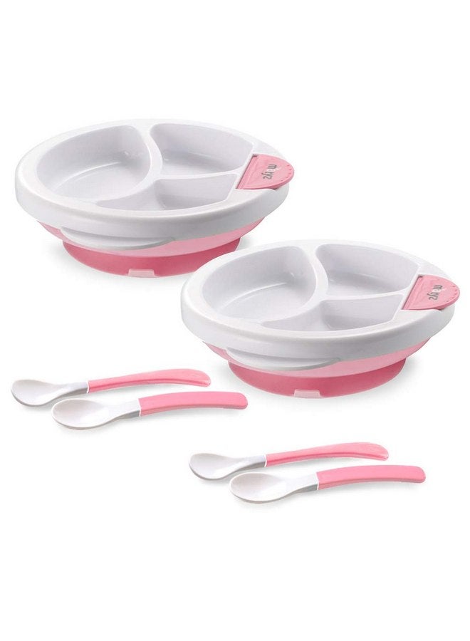 Matyz 2-Pack Baby Feeding Suction Warm Plate with Draining and Drying Design - Stay Put Divided Plate for Kids - Including 2 Toddler Plates and 4 Spoons - Microwave & Dishwasher Safe (Pink) - Image 1