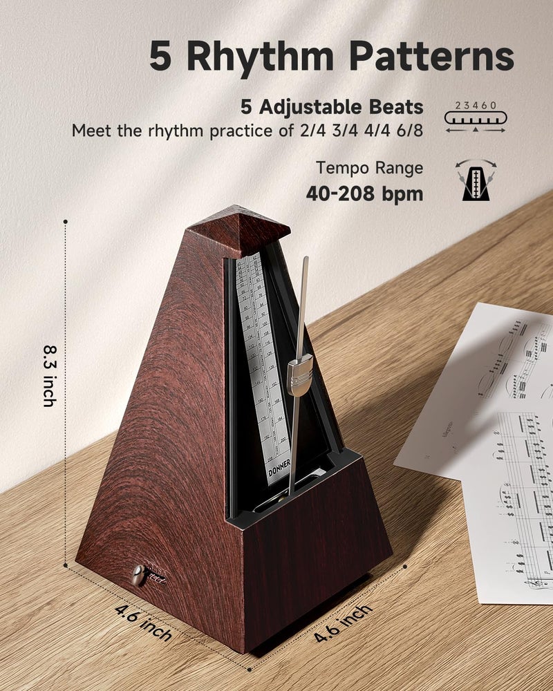 Donner مترونوم ميكانيكي دونر للبيانو والجيتار والدرامز والكمان والسكسفون للموسيقيين، تتبع الإيقاع والسرعة، صوت عالٍ، حركة فولاذية، DPM-1، لون خشبي - Image 2