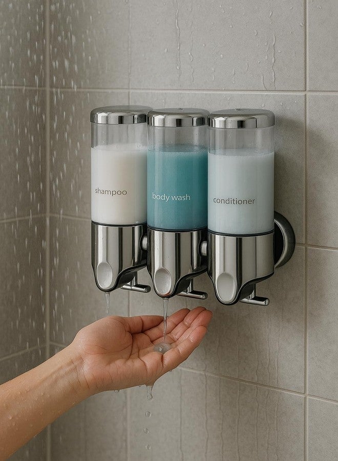 Stainless Steel Drill Free Triple Wall Mount Soap Dispenser Set Shower Bathroom Pump, 3 x 500ML Shampoo Conditioner, Adhesive Reusable Luxury Organizer Declutter Spring Cleaning Gift Idea Fathers Day - Image 2