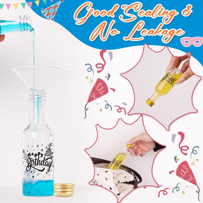 OurWarm 50 Pack Happy Birthday Mini Liquor Bottles, 1.7oz/50ml Empty Plastic Shot Bottles with Gold Screw Caps Funnels Tags & Twines for Juice Wine Alcohol Juicing Ginger Shots Birthday Party Favors - Image 3