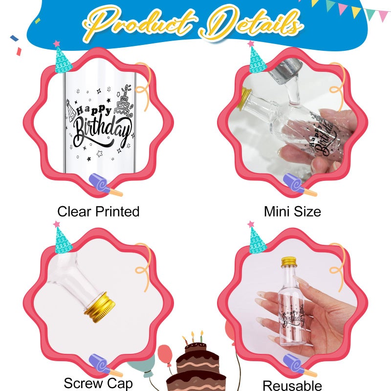 OurWarm 50 Pack Happy Birthday Mini Liquor Bottles, 1.7oz/50ml Empty Plastic Shot Bottles with Gold Screw Caps Funnels Tags & Twines for Juice Wine Alcohol Juicing Ginger Shots Birthday Party Favors - Image 5