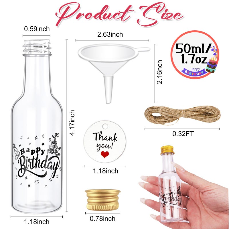 OurWarm 50 Pack Happy Birthday Mini Liquor Bottles, 1.7oz/50ml Empty Plastic Shot Bottles with Gold Screw Caps Funnels Tags & Twines for Juice Wine Alcohol Juicing Ginger Shots Birthday Party Favors - Image 2