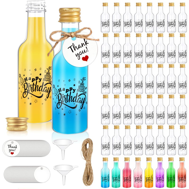 OurWarm 50 Pack Happy Birthday Mini Liquor Bottles, 1.7oz/50ml Empty Plastic Shot Bottles with Gold Screw Caps Funnels Tags & Twines for Juice Wine Alcohol Juicing Ginger Shots Birthday Party Favors - Image 1