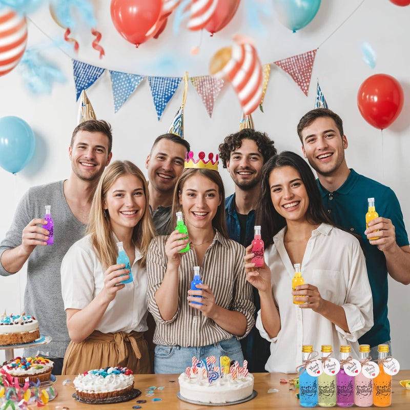OurWarm 50 Pack Happy Birthday Mini Liquor Bottles, 1.7oz/50ml Empty Plastic Shot Bottles with Gold Screw Caps Funnels Tags & Twines for Juice Wine Alcohol Juicing Ginger Shots Birthday Party Favors - Image 4