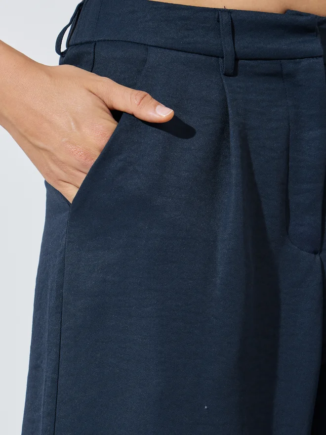 Styli blue Styli Navy Blue Wide Leg Pants with Side Pocket for Women | Best Price UAE