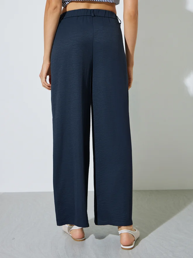 Styli blue Styli Navy Blue Wide Leg Pants with Side Pocket for Women | Best Price UAE