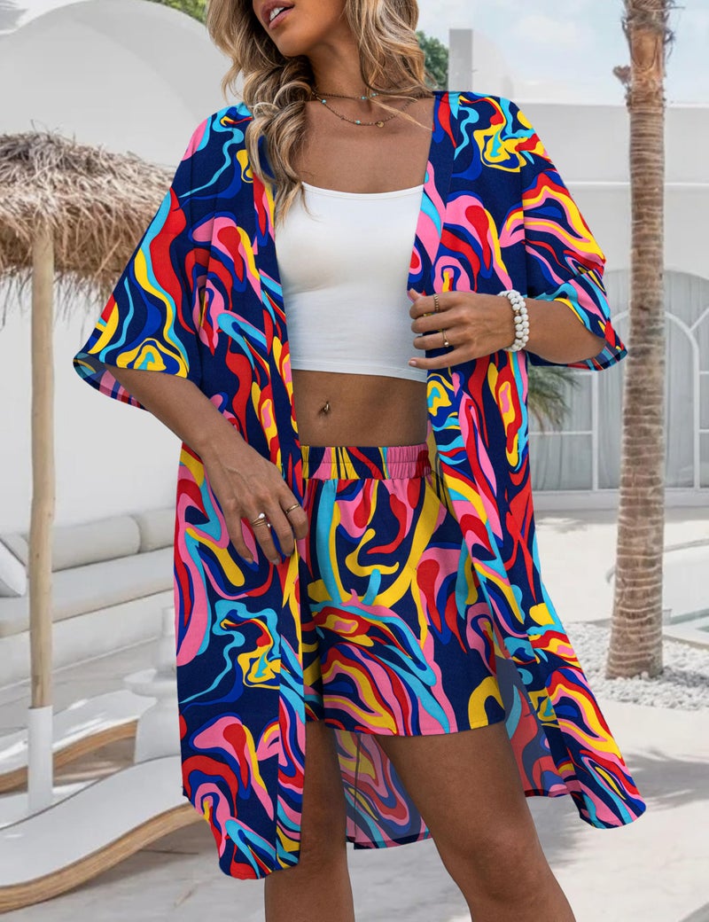 REDHOTYPE Womens Vacation Outfits Hawaiian Style 2 Piece Sets Colorful Print Long Cover Ups Half Sleeve Shorts Set Beach Dresses Rose 02,L - Image 2