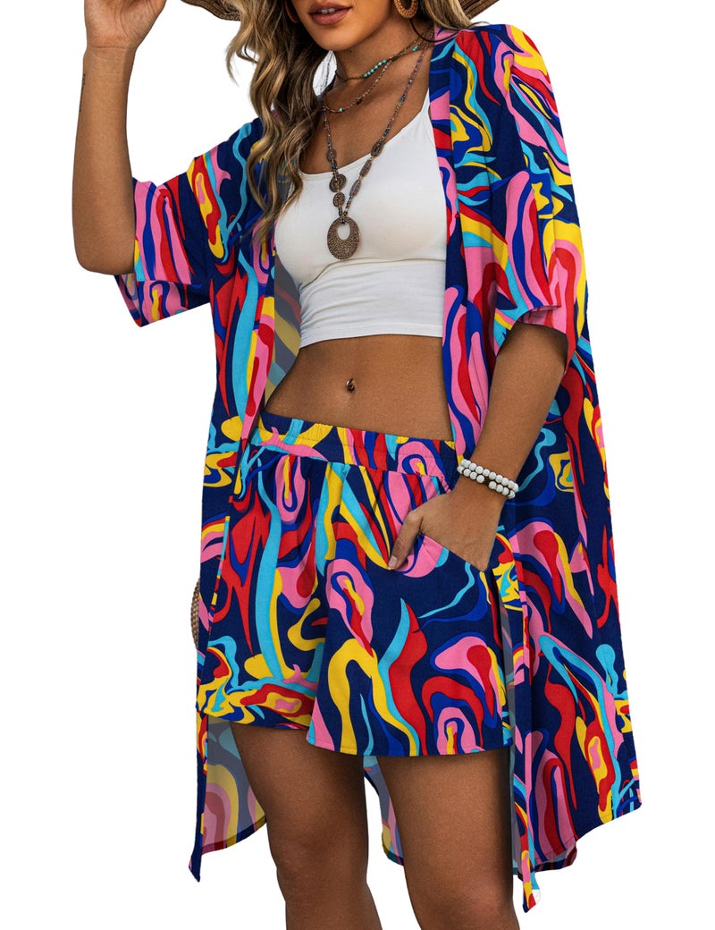 REDHOTYPE Womens Vacation Outfits Hawaiian Style 2 Piece Sets Colorful Print Long Cover Ups Half Sleeve Shorts Set Beach Dresses Rose 02,L - Image 1