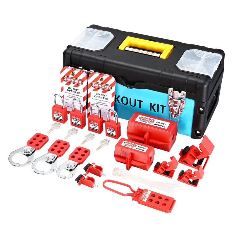 HOLULO Lockout Tagout Kit, Safety Lockout Padlock, 10 Lockout Tag, 4 Safety Padlock,4 Lockout Hasp,5 Breaker Lockout, 2 Plug Lockout,Tool Box, Plastic Buckle - Image 1