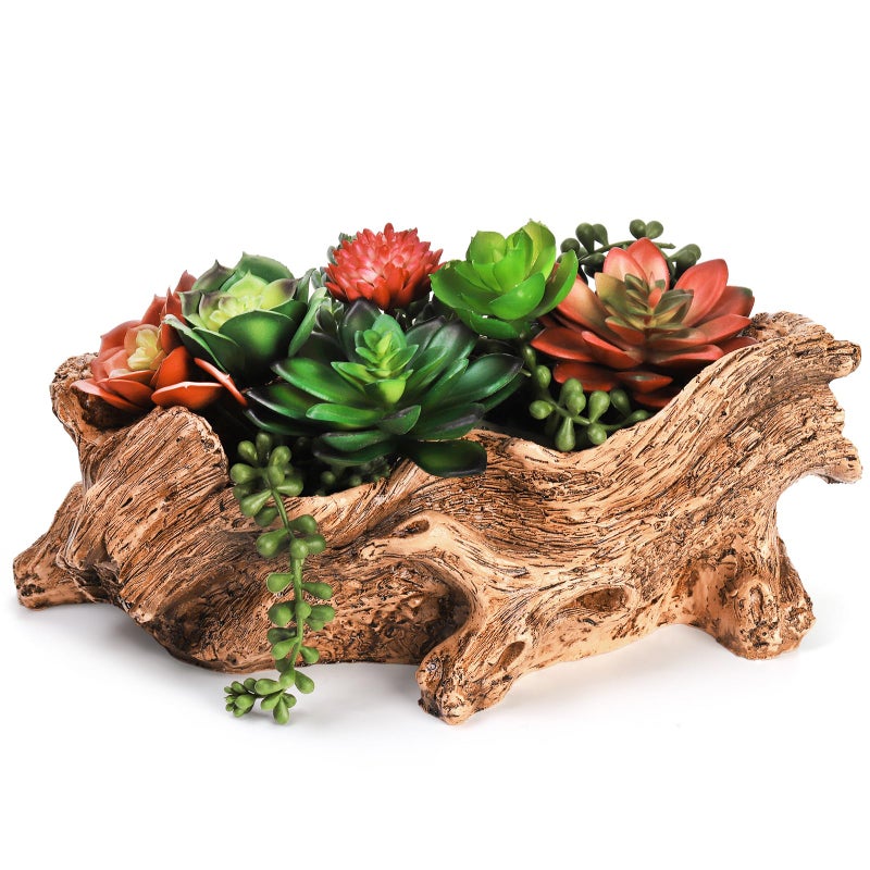 Tebery Artificial Driftwood Stump Log Planter Vintage Cactus Container with Drainage Hole, Creative Imitation Sculpture Resin Succulent Flower Pot for Herb, Strawberry, Small Plants - Image 1