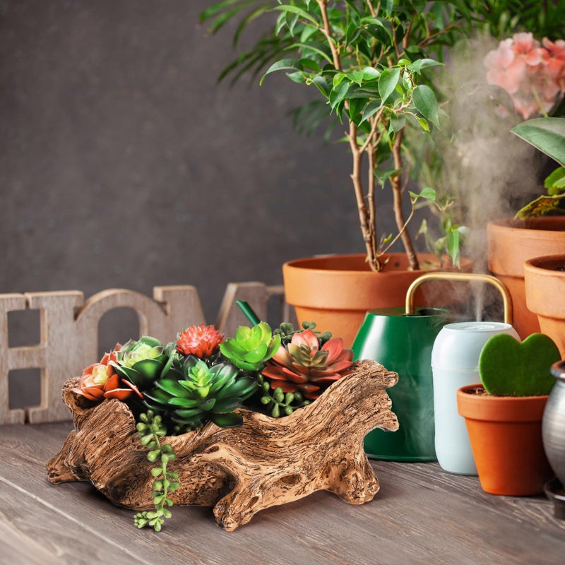 Tebery Artificial Driftwood Stump Log Planter Vintage Cactus Container with Drainage Hole, Creative Imitation Sculpture Resin Succulent Flower Pot for Herb, Strawberry, Small Plants - Image 5