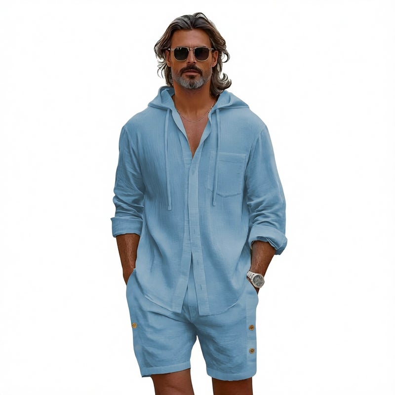 Men's Linen Hooded Long Sleeve Shirt and Shorts Set Casual Lounge Wear - Image 1
