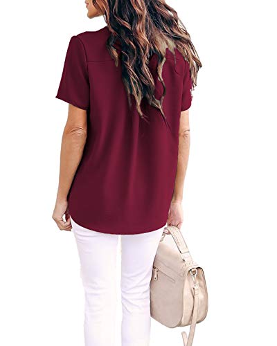 Allimy Women Summer Shirts Clothes Plus Size V Neck Short Sleeve Tops Fashion 2025 Blouses Wine XL - Image 4