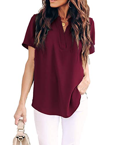 Allimy Women Summer Shirts Clothes Plus Size V Neck Short Sleeve Tops Fashion 2025 Blouses Wine XL - Image 2