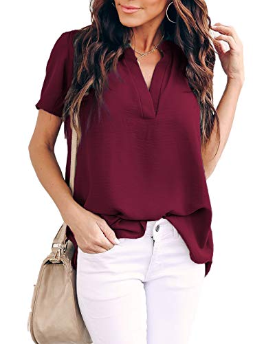Allimy Women Summer Shirts Clothes Plus Size V Neck Short Sleeve Tops Fashion 2025 Blouses Wine XL - Image 5