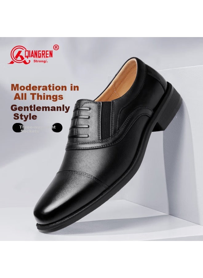 Strongman Qiangren Business Formal Shoes For Men, Jihua 3515 Quality Top-grain Leather Dress Shoes, Slip-on Three-joint Leather Shoes, Black, Size 44 - Image 1