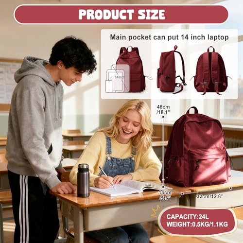 VECAVE School Backpack Red Waterproof Bookbag Casual Lightweight Travel Rucksack Daypack Backpacks for Men Women College High School Bags backpack for Boys Girls Teens - Image 2