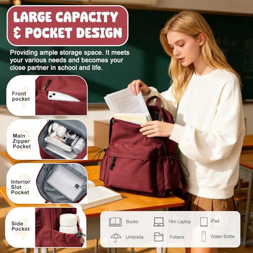 VECAVE School Backpack Red Waterproof Bookbag Casual Lightweight Travel Rucksack Daypack Backpacks for Men Women College High School Bags backpack for Boys Girls Teens - Image 3
