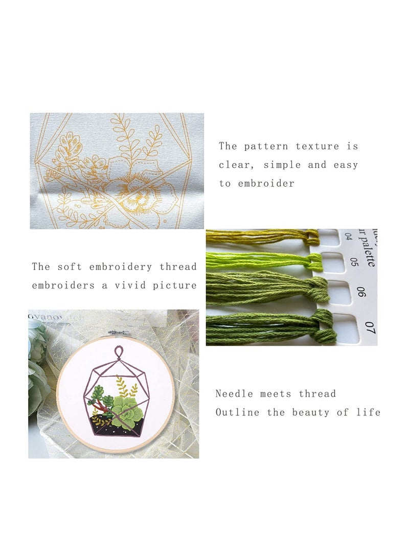Embroidery Kit Beginner Adult Embroidery Material Pack Green Plants Succulents Pattern Collection Adult DIY Handmade Cross Stitch Embroidery Pictures Set for DIY Art Craft Sewing 3 Sets - Image 3