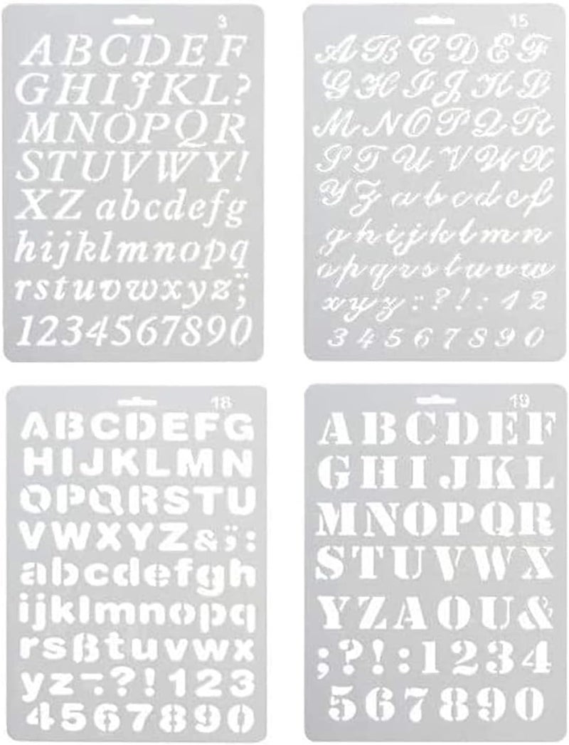 XUTONG Pack of 4 Plastic Alphabet Letter Number Drawing Painting Stencils Scale Template Sets for Bullet Journal Stencil Planner/Scrapbook/DIY Painting Craft Projects - Image 1