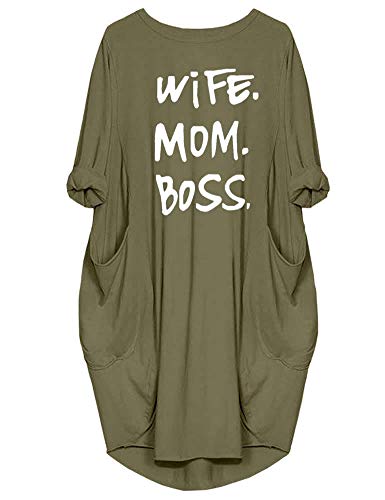 Rfecccy Women’s Wife Mom Boss Tunic Dress Long Sleeve Oversize Baggy Causal Loose Dress with Big Pockets Green - Image 3