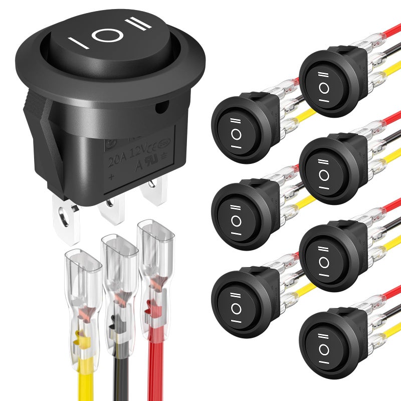 Joinfworld 3 Way Round Rocker Switch 12V, Waterproof 3 Pin 3 Position ON/Off/ON 6A/250V AC 10A/125V DC SPDT Circle Toggle Switch with Wires for Auto Car Marine Boat - 8Pack - Image 1
