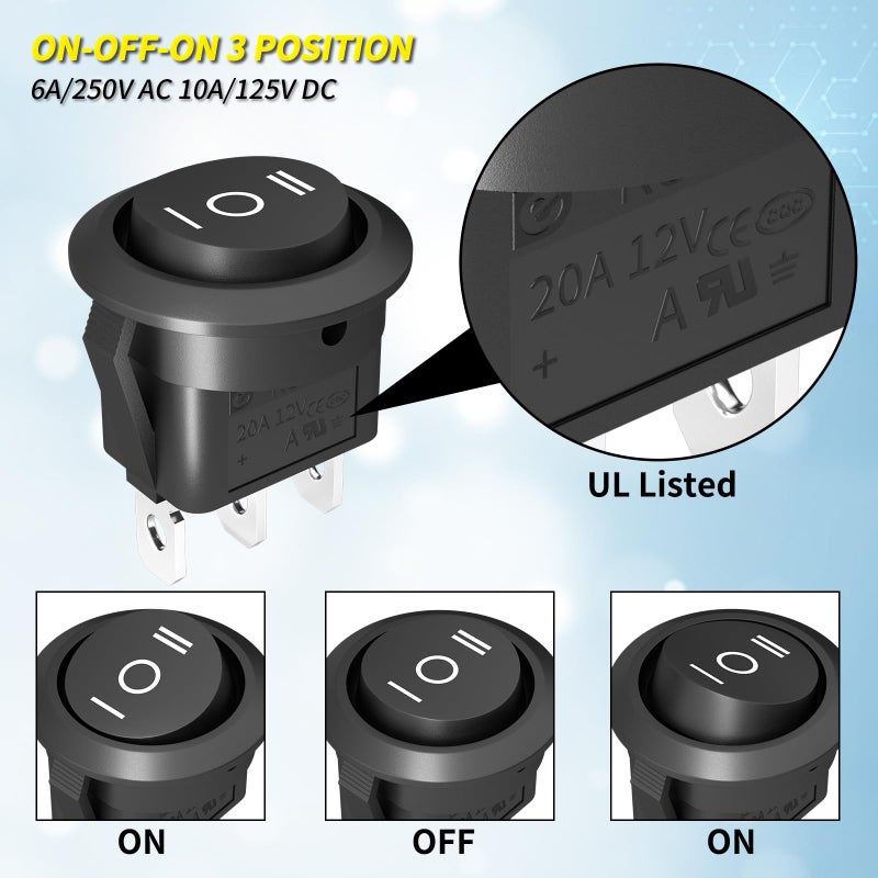 Joinfworld 3 Way Round Rocker Switch 12V, Waterproof 3 Pin 3 Position ON/Off/ON 6A/250V AC 10A/125V DC SPDT Circle Toggle Switch with Wires for Auto Car Marine Boat - 8Pack - Image 3