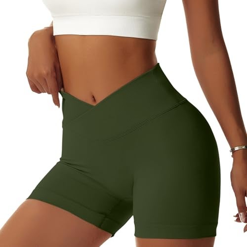 Vertvie Women's Workout Gym Shorts Booty V Cross Spandex Yoga Biker Shorts Scrunch Butt High Waisted Athletic Leggings (Army Green,Small) - Image 2