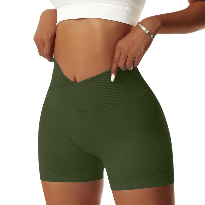 Vertvie Women's Workout Gym Shorts Booty V Cross Spandex Yoga Biker Shorts Scrunch Butt High Waisted Athletic Leggings (Army Green,Small) - Image 5